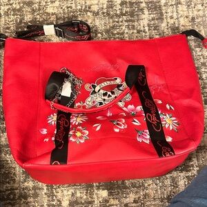 New Ed Hardy Large Red Tote with Floral Design